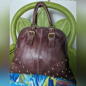 Leather Brown Gold Tone Studded Purse Tote